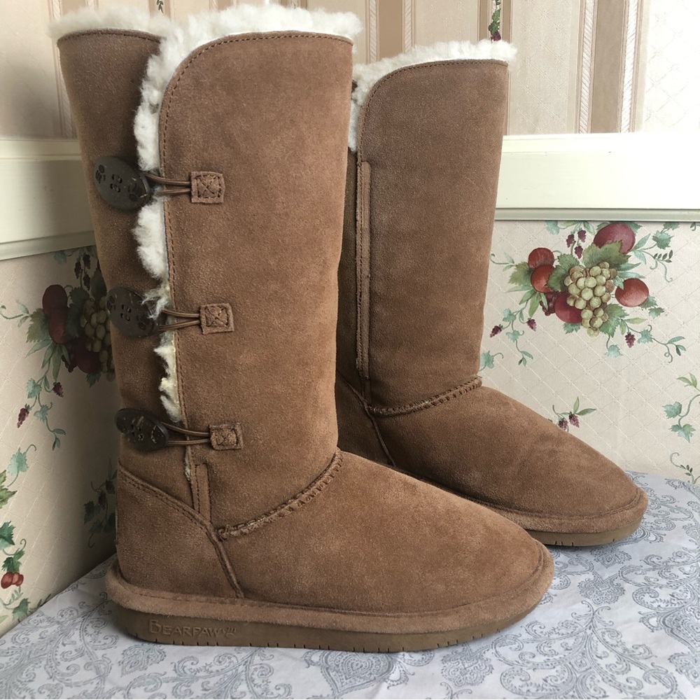 Bearpaw Tall Winter Boots Cow Suede Leather Buttons Sheepskin Wool
